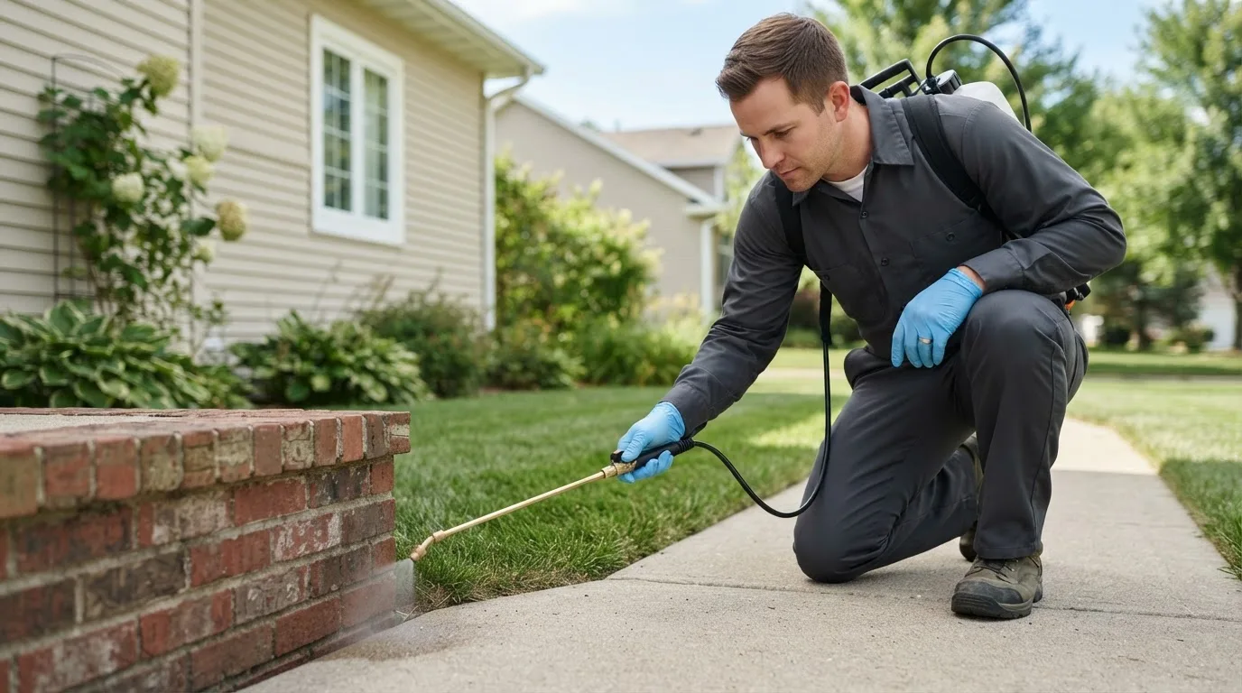 Pest control technician treating a home near Chatham, MI