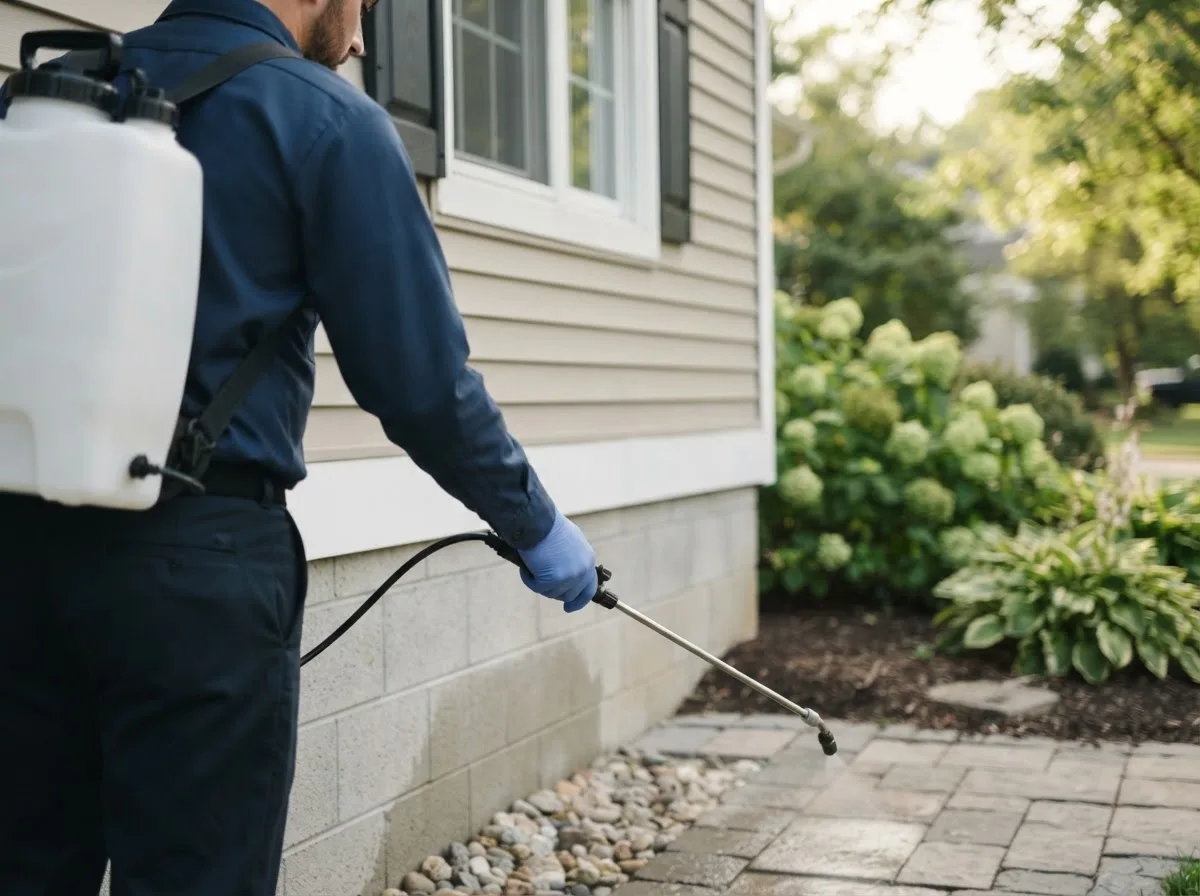 Pest control technician inspecting a home in Chatham, MI